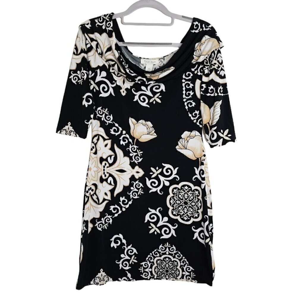WHITE HOUSE BLACK MARKET Dress size XS BLACK TAN WHITE FLORAL Art to Wear Retro